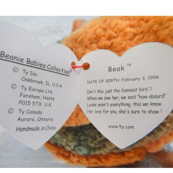 Vintage TY Beanie Babies BEAK the Kiwi Bird, long beak, Hangtag, 1998, Retired - Picture 5 of 9